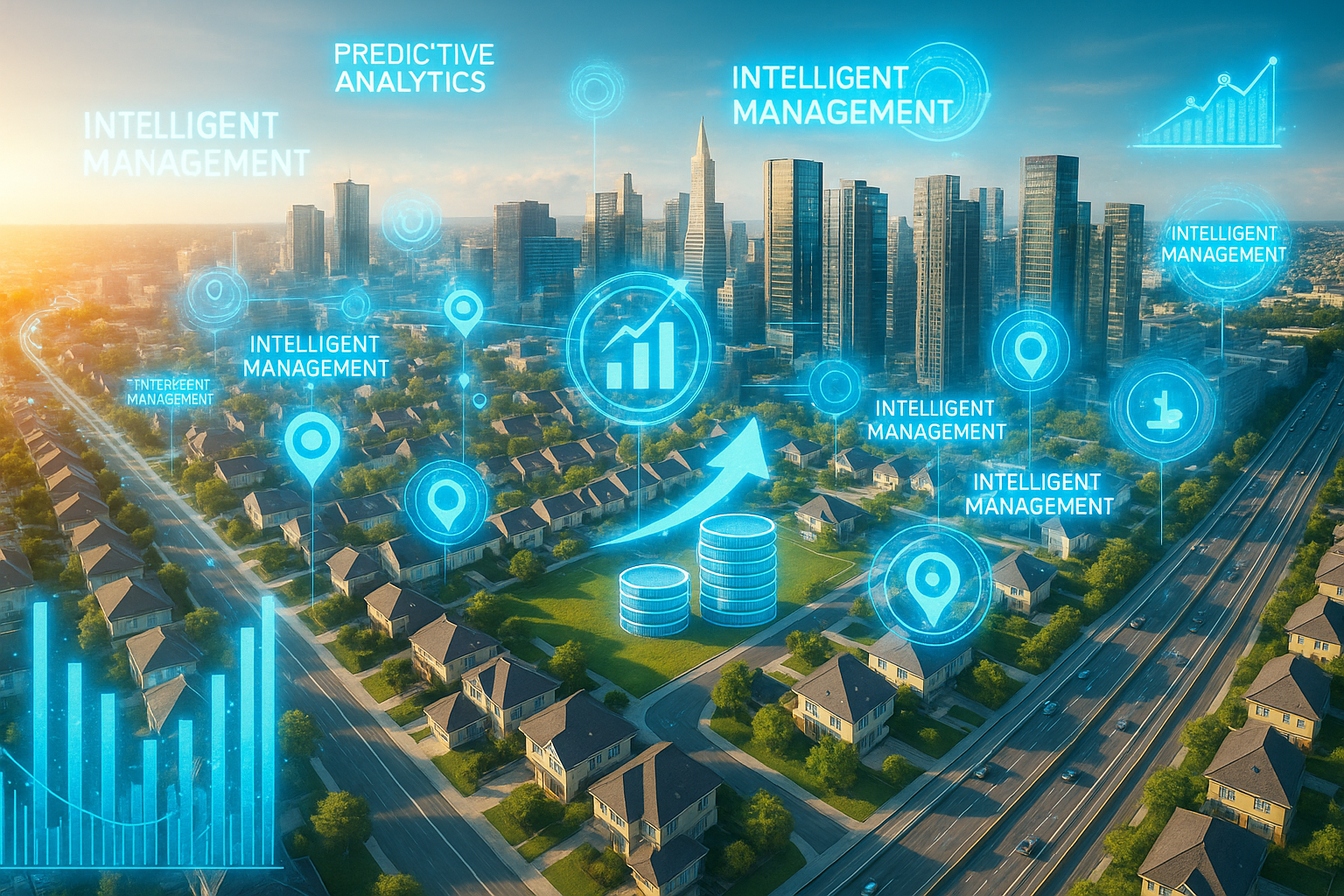 Smart city with intelligent management analytics overlays showing real estate data insights