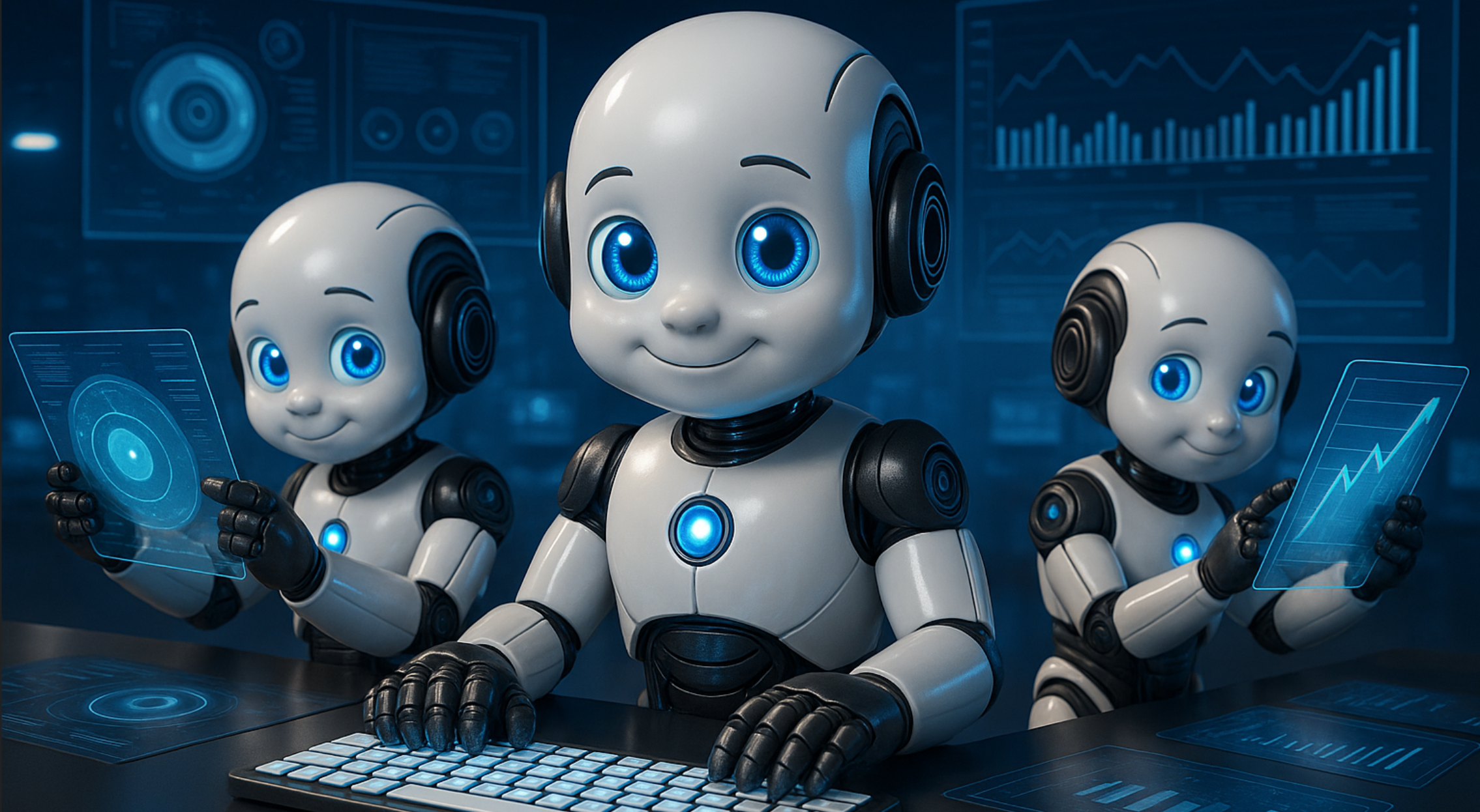 Three friendly AI robots with bright blue eyes working together at computers with holographic displays and data charts